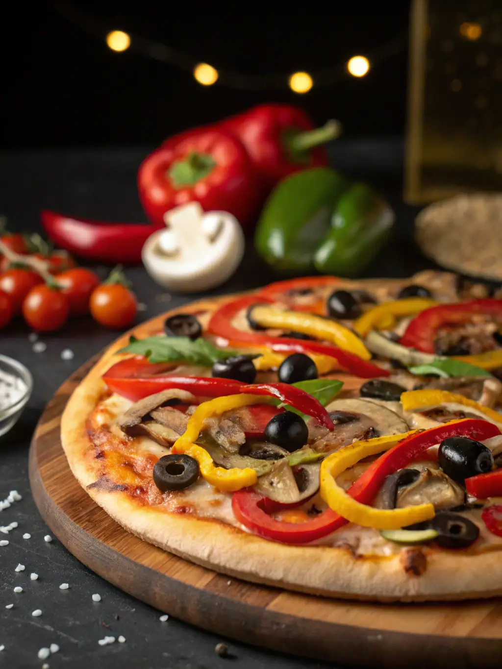 A colorful vegetarian pizza with fresh vegetables like bell peppers, onions, mushrooms, and olives on a crispy crust, available at Pizza73.