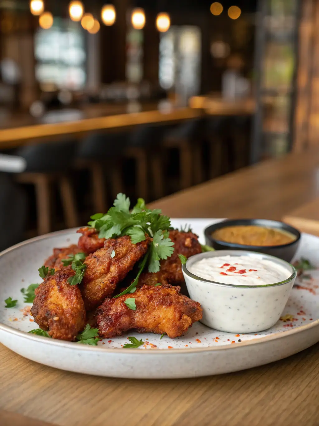 A close-up shot of Pizza73's crispy chicken wings, showcasing their golden-brown color and flavorful seasoning, arranged on a plate with a side of dipping sauce.