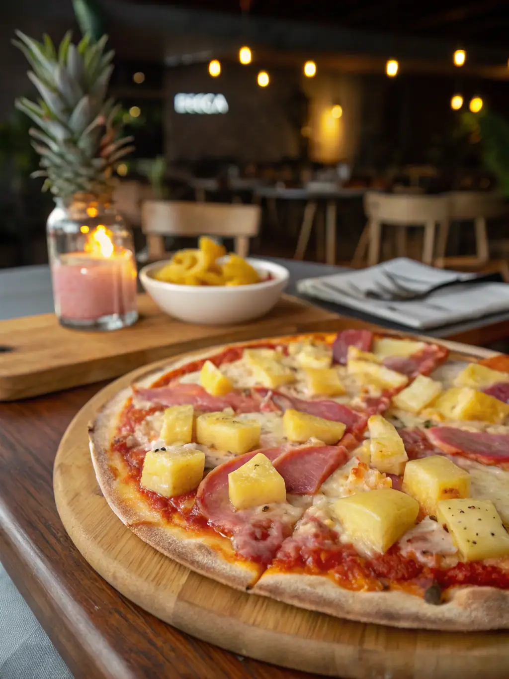 A vibrant image of a Hawaiian pizza with ham, pineapple, and melted cheese, showcasing the sweet and savory flavors offered at Pizza73.