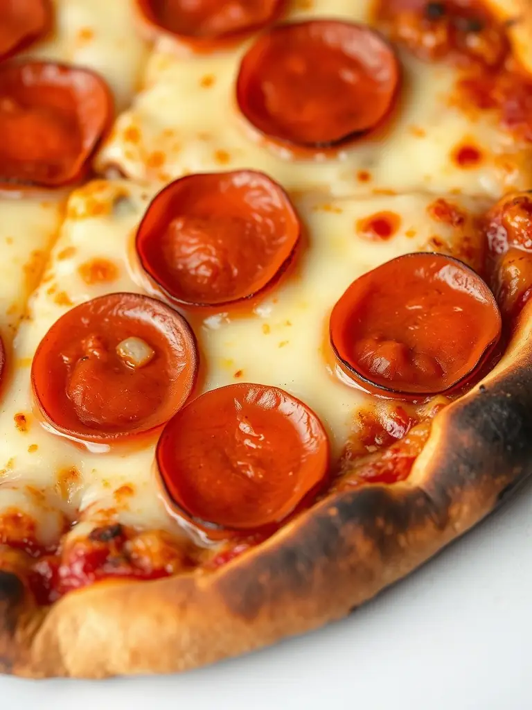 A close-up shot of a classic pepperoni pizza with melted cheese and crispy pepperoni slices on a golden-brown crust, served at Pizza73.